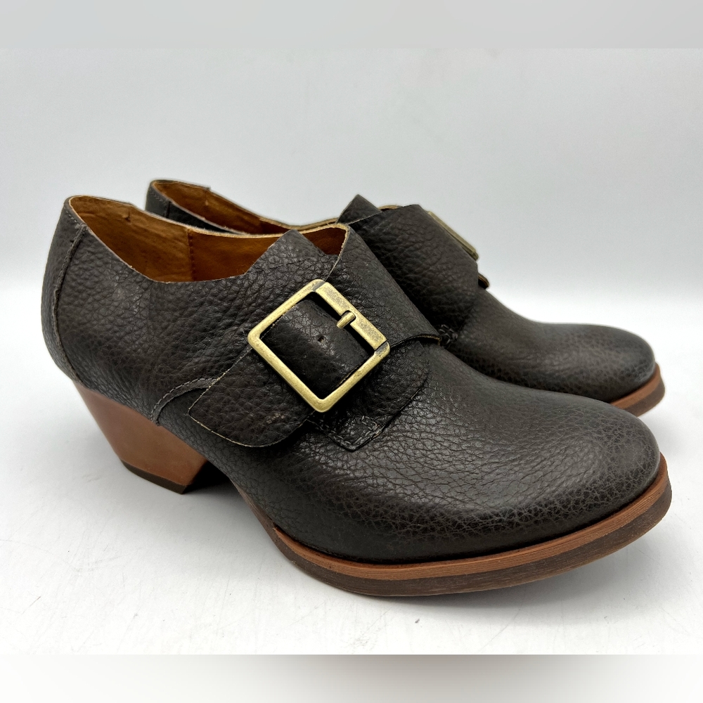 Kork-Ease Dark Brown Leather Ankle Booties with Gold Buckle